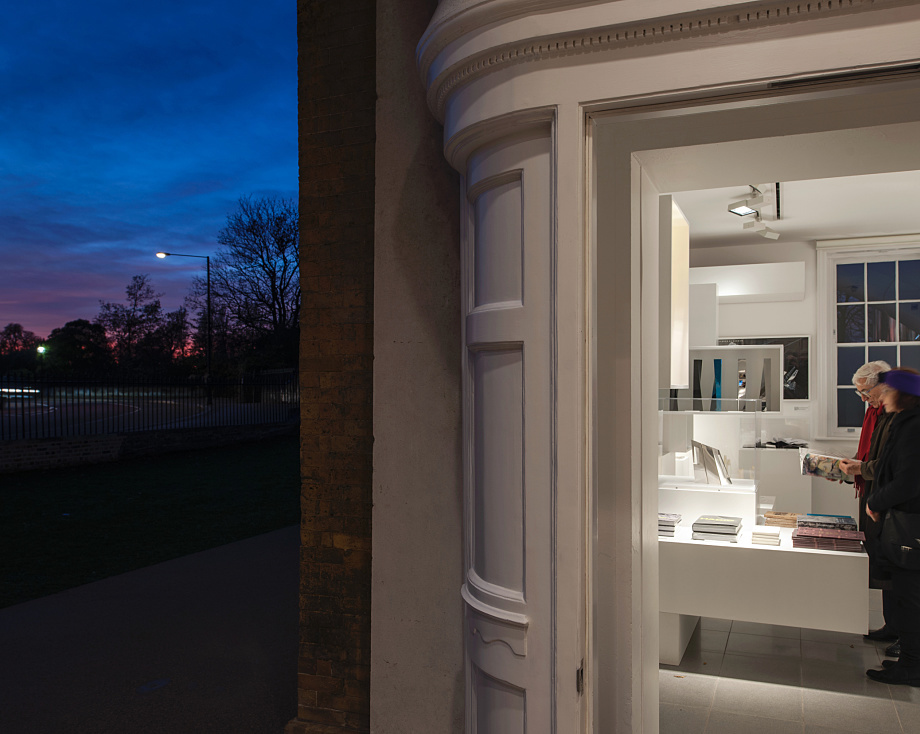 Serpentine Sackler Gallery at dusk, illuminated with ERCO lighting.