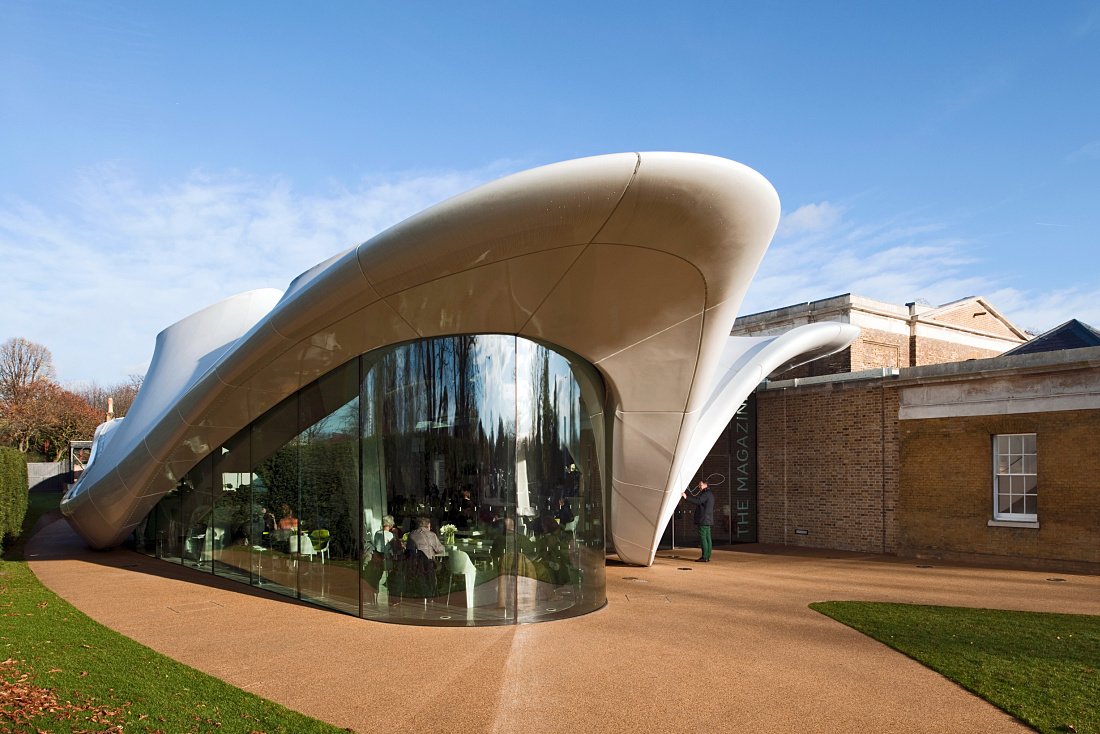 Serpentine Sackler Gallery, London: Zaha Hadids glass extension with sculptural tent roof and ERCO lighting.