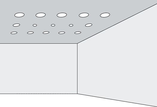 Ceiling with round ERCO recessed luminaires forming a pattern, illustrating laws of shape perception.