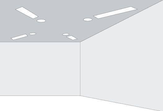 Room rendering with ceiling lights, demonstrating the law of proximity in shape perception.