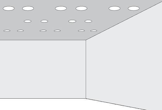 Ceiling with round recessed luminaires forming a pattern, illustrating the law of proximity in shape perception.
