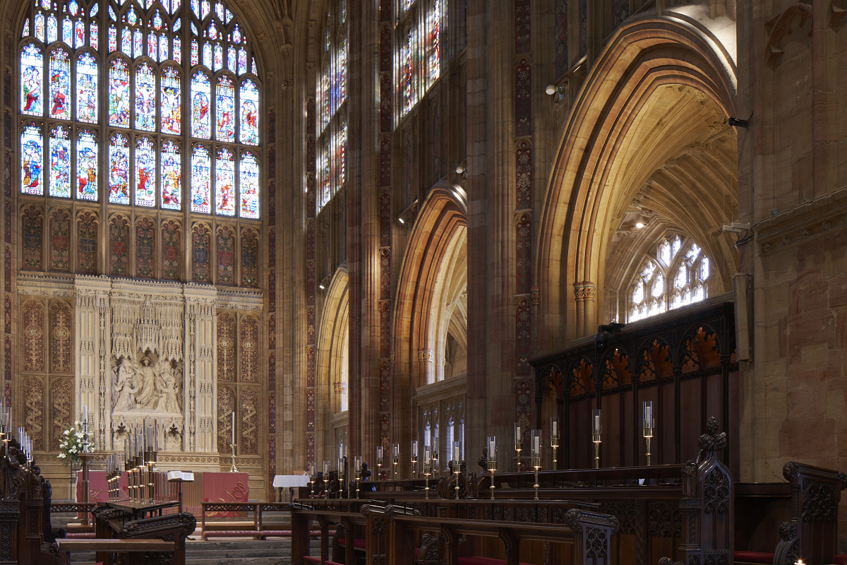 Interior of Sherborne Abbey featuring ERCO LED lighting enhancing the architecture.