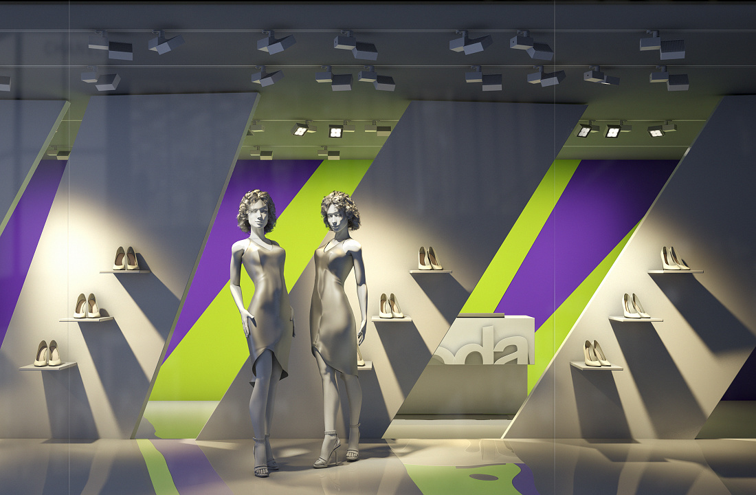 Shop window scenography using light, shadow, and modelling by ERCO lighting.