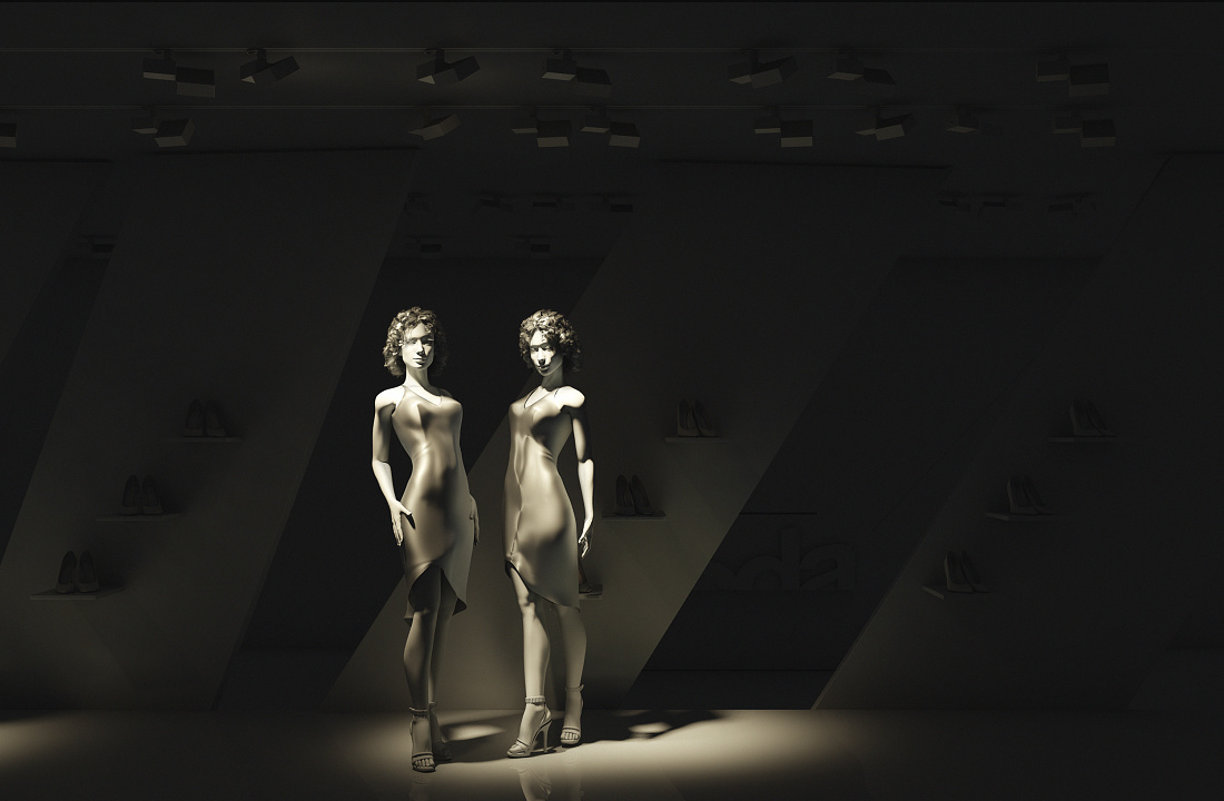 Shop window display illuminated by ERCO lighting, showcasing mannequins with light, shadow, and modeling.