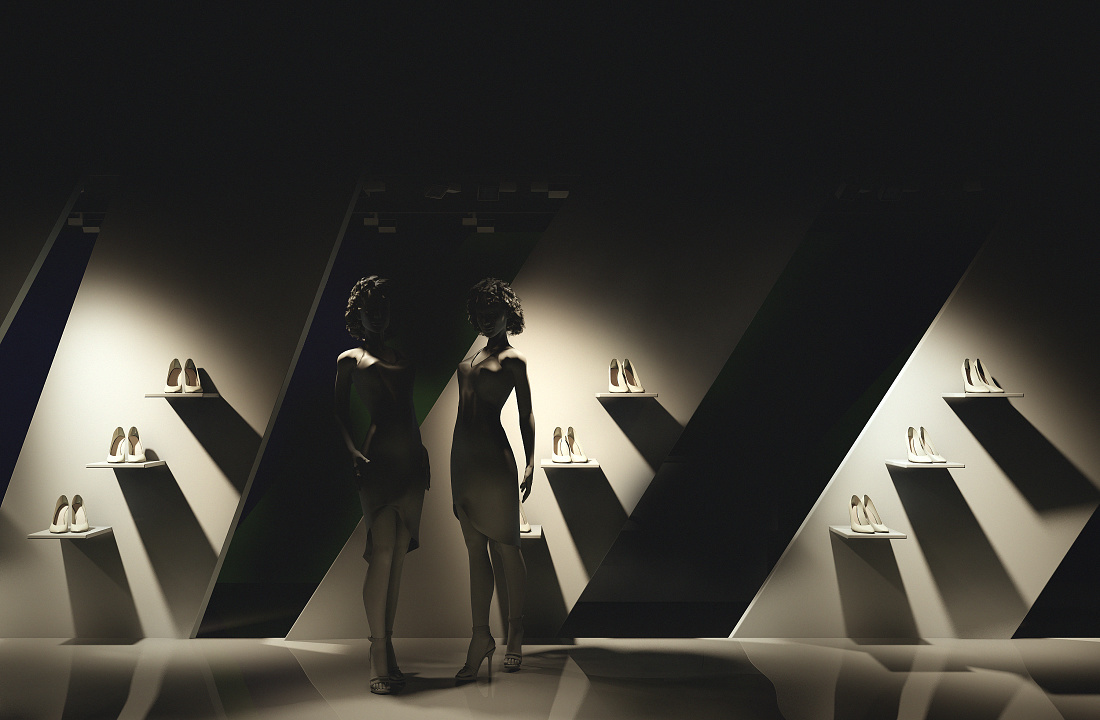 Shop window display illuminated by ERCO lighting, showcasing shoes on mannequins and shelves with accent lighting.
