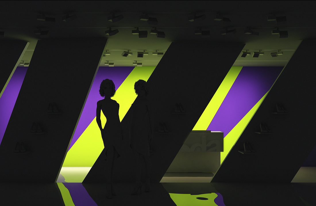 Shop window scenography using light and shadow to highlight selected products.