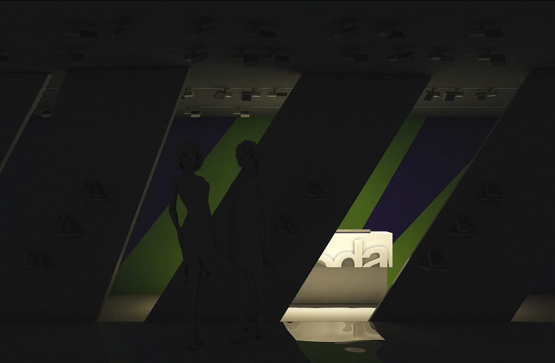 Shop window scenography using ERCO light, shadow and modeling to create brilliance and accents.