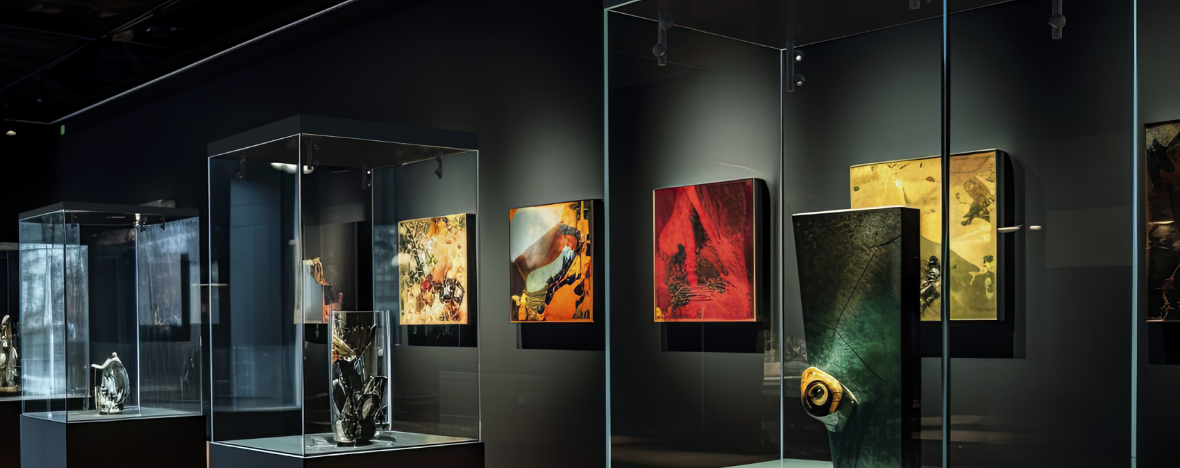Illuminated museum showcases displaying art, lit with ERCO LED showcase lighting.