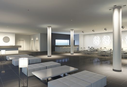 Bright hotel lobby featuring ERCO lighting, creating ambiance and orientation.