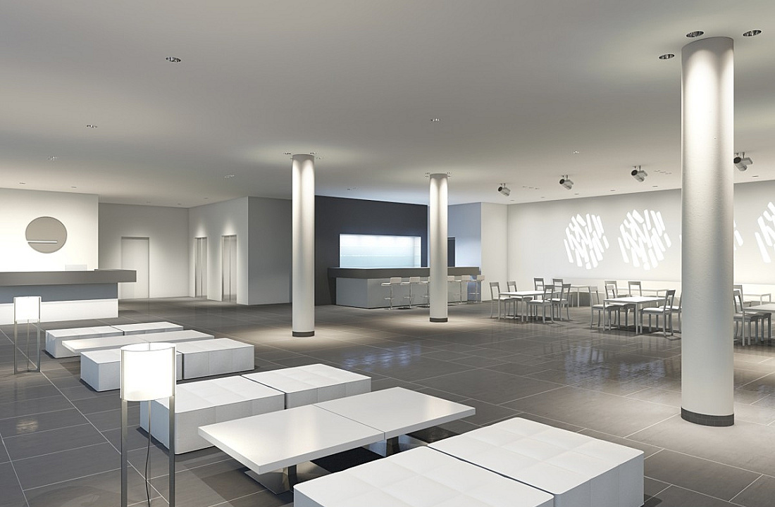 ERCO lighting solution in a hotel lobby: wallwashers and spotlights emphasize zones like reception and bar.