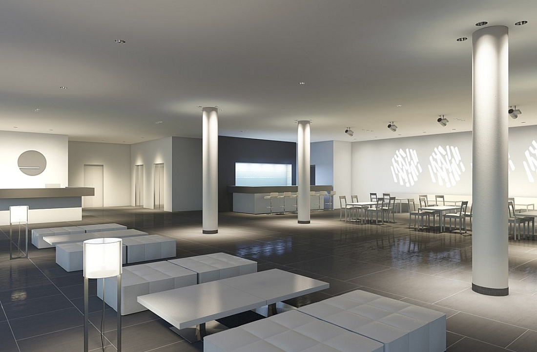 ERCO lighting design in a hotel lobby: wallwashers and spotlights accentuate reception and lounge for optimal orientation.
