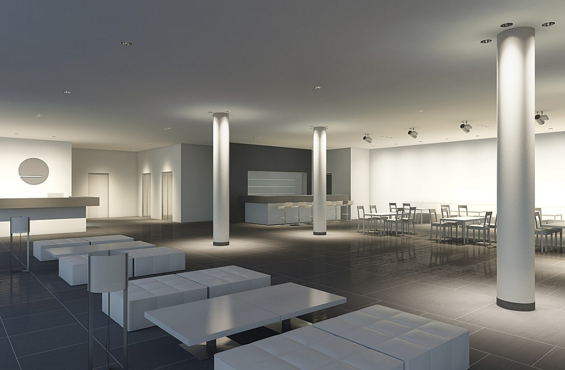 Hotel lobby featuring ERCO lighting: wallwashers, directional luminaires, and accent lighting create ambiance and orientation.