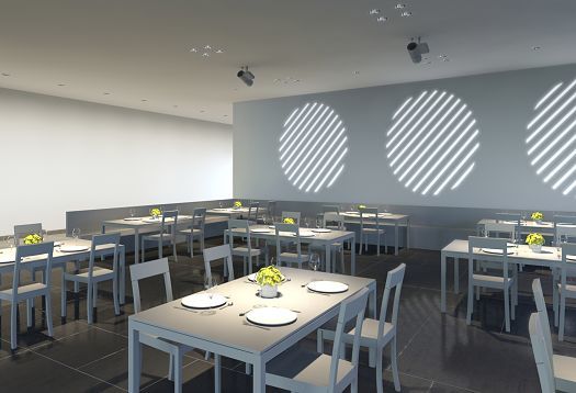 Restaurant with ERCO lighting: Accent lights on tables and wallwashers create a pleasant atmosphere.