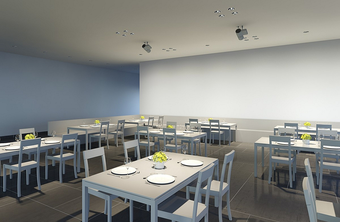 Restaurant lighting with ERCO spotlights accentuating tables and wallwashers creating ambient luminescence.