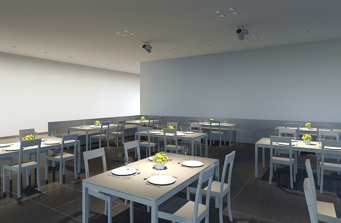 ERCO lighting design in a restaurant: Accent lighting on tables and wallwashing for a pleasant ambiance.
