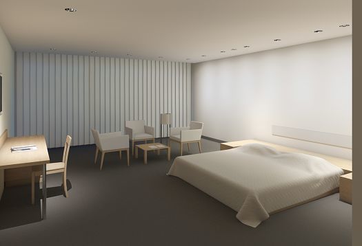 Hotel room featuring ERCO lighting: wallwashers, accent lights, and decorative lamps create a balanced atmosphere.