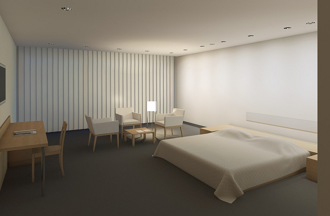 Hotel room featuring ERCO lighting: wallwashers, accent lighting, and decorative lights create a balanced light atmosphere.