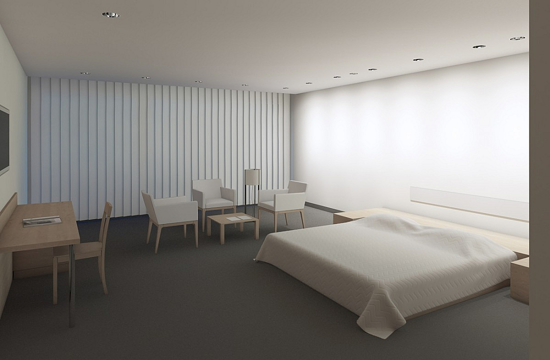 Hotel room featuring ERCO lighting: wallwashers, recessed spotlights, and a decorative floor lamp create a balanced atmosphere.