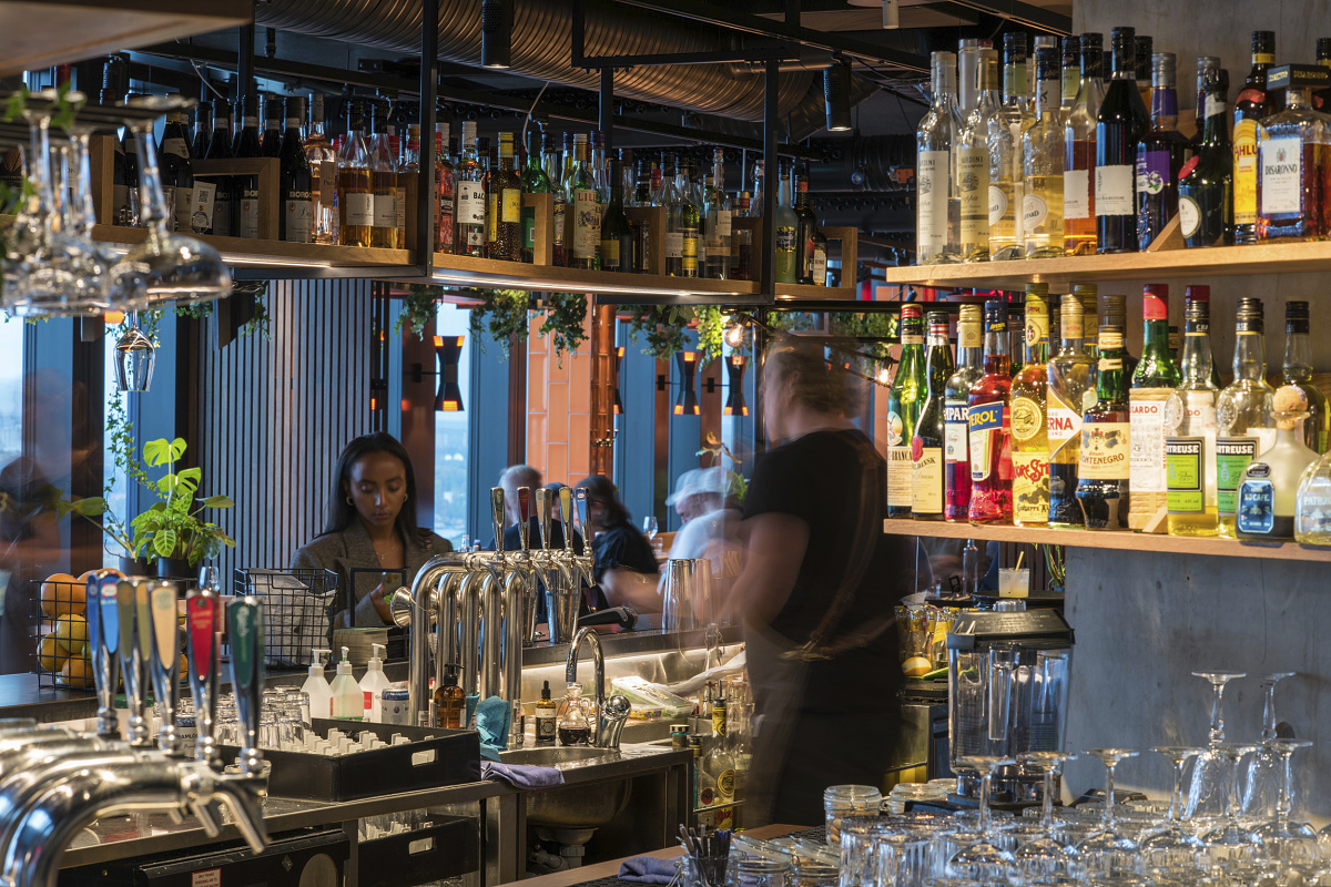 Interior of Sjöstaden Skybar in Stockholm, featuring ERCO spotlights for accent lighting.