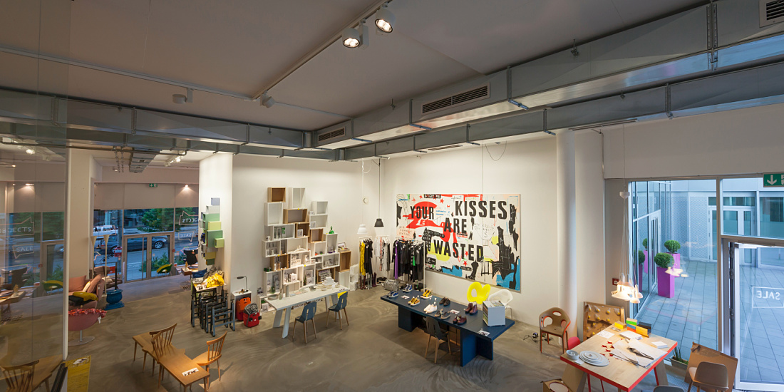 Overview of Sleeping Dogs store, illuminated with ERCO LED spotlights for accent lighting.