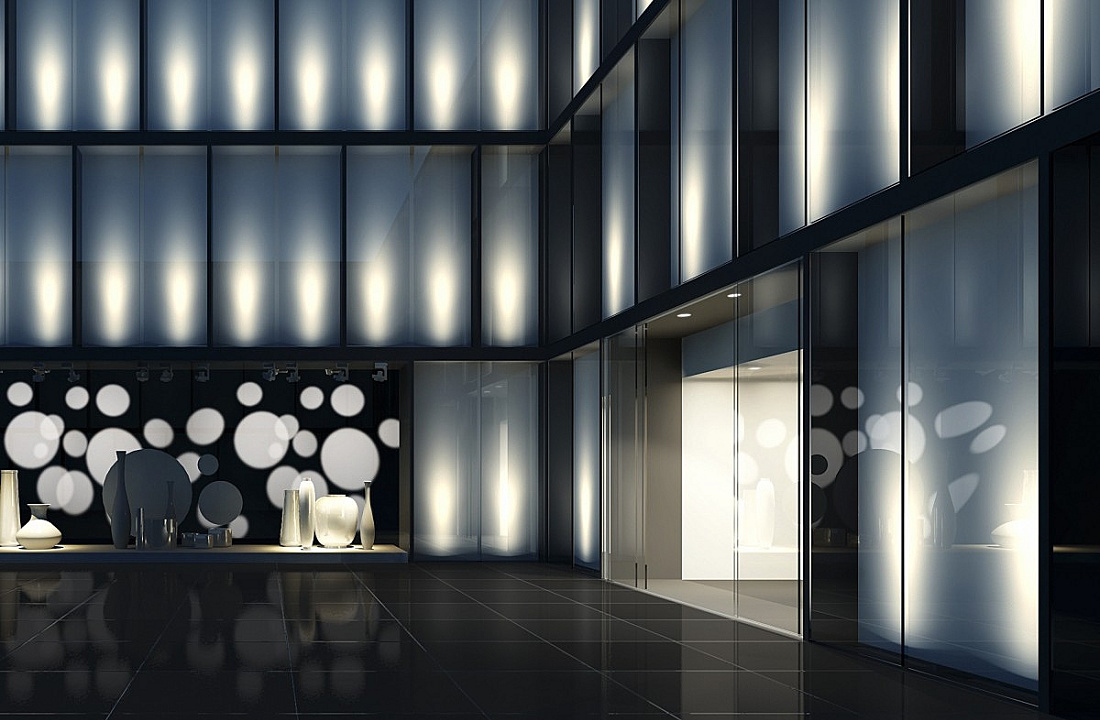 ERCO lighting design for a shop window featuring dynamic light effects and colored washlighting.