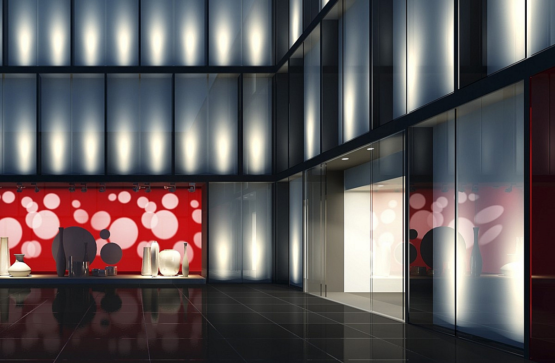 Retail storefront featuring dynamic ERCO lighting to create changing light scenes.
