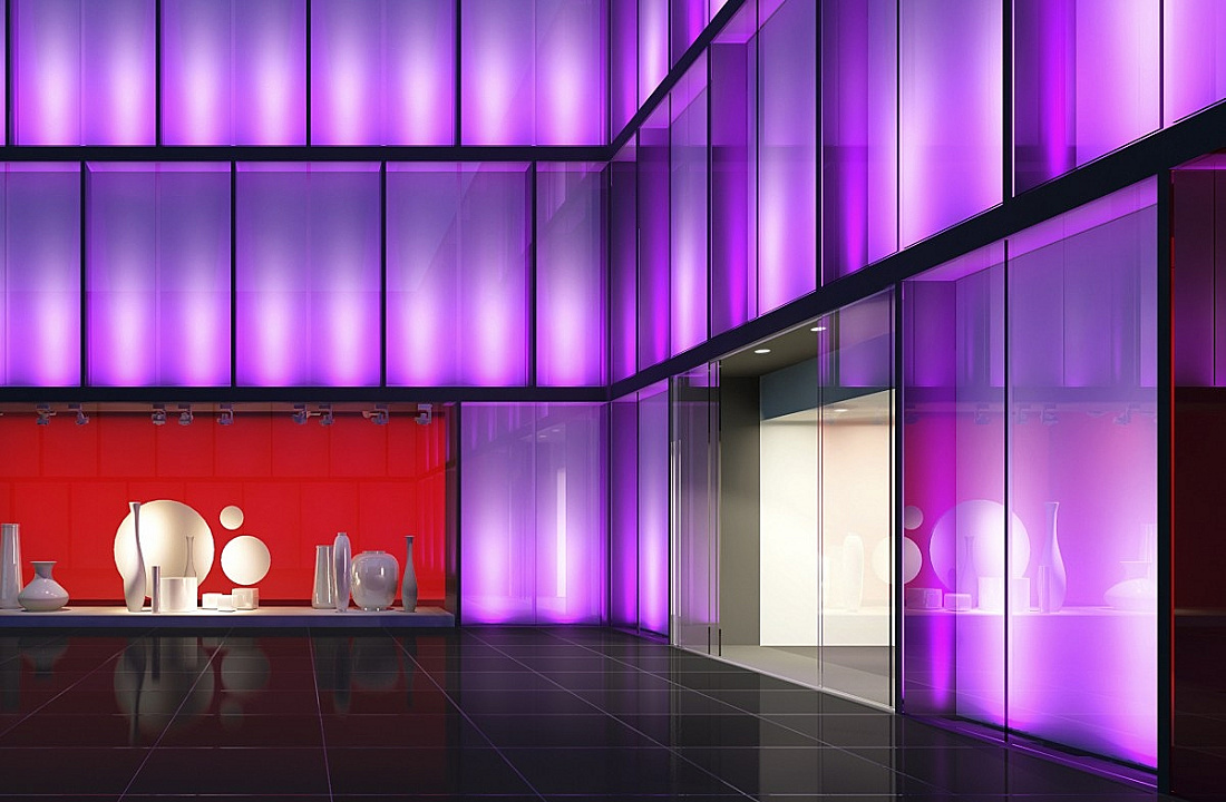 ERCO lighting design for a retail window, showcasing dynamic color changes and accent lighting.