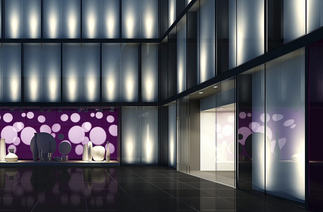ERCO lighting design for retail: Dynamic light scenes with color changes and accent lighting.
