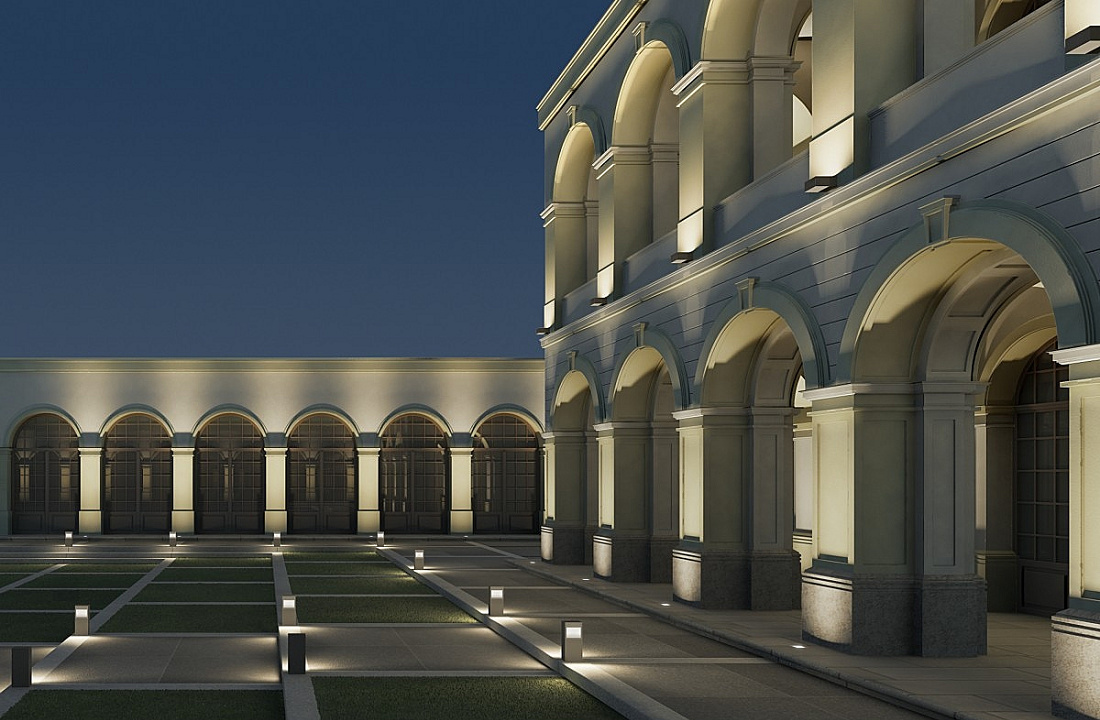 ERCO outdoor lighting: Facade with lighting patterns enhancing architectural design at night.