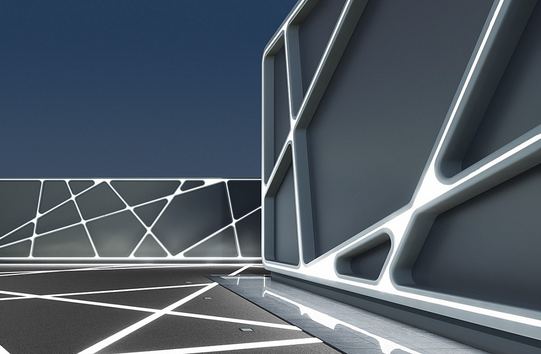 Architectural facade featuring geometric lighting design and ERCO light patterns.