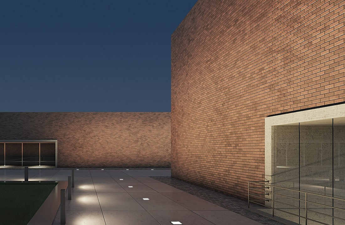ERCO lighting design: Facade with in-ground luminaires creating a spatial pattern. Architectural lighting.