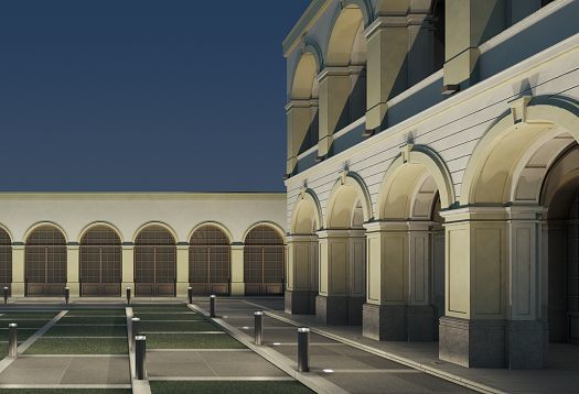 ERCO lighting design showcasing a facade with arches and bollard lights creating spatial patterns.