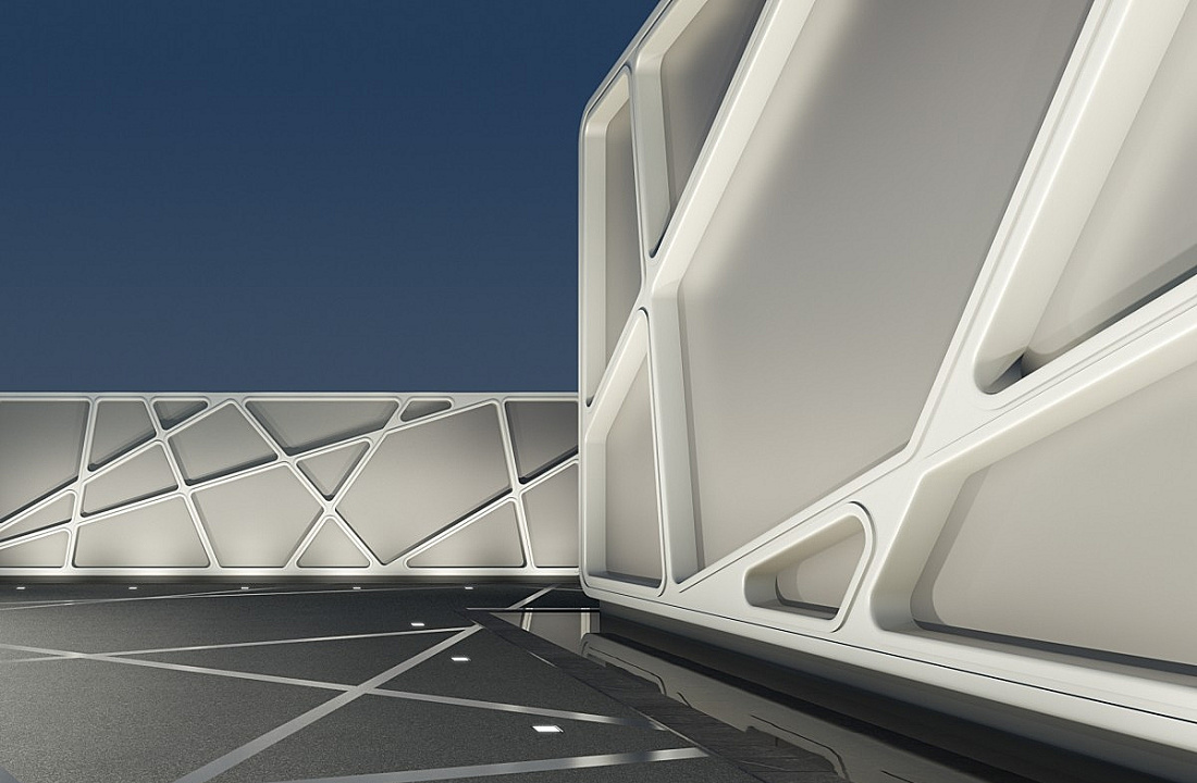 Architectural facade featuring a geometric pattern and neutral lighting for spatial design.