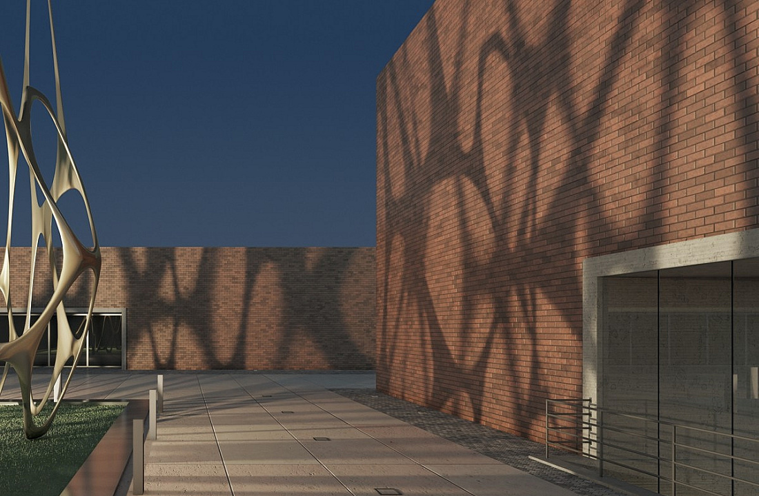 Facade with lighting pattern: The light design emphasizes architectural structures, creating a spatial effect.
