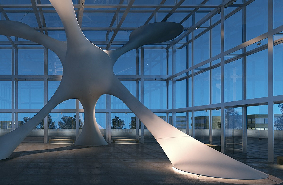 Illuminated sculpture in a modern space, emphasizing form with light.
