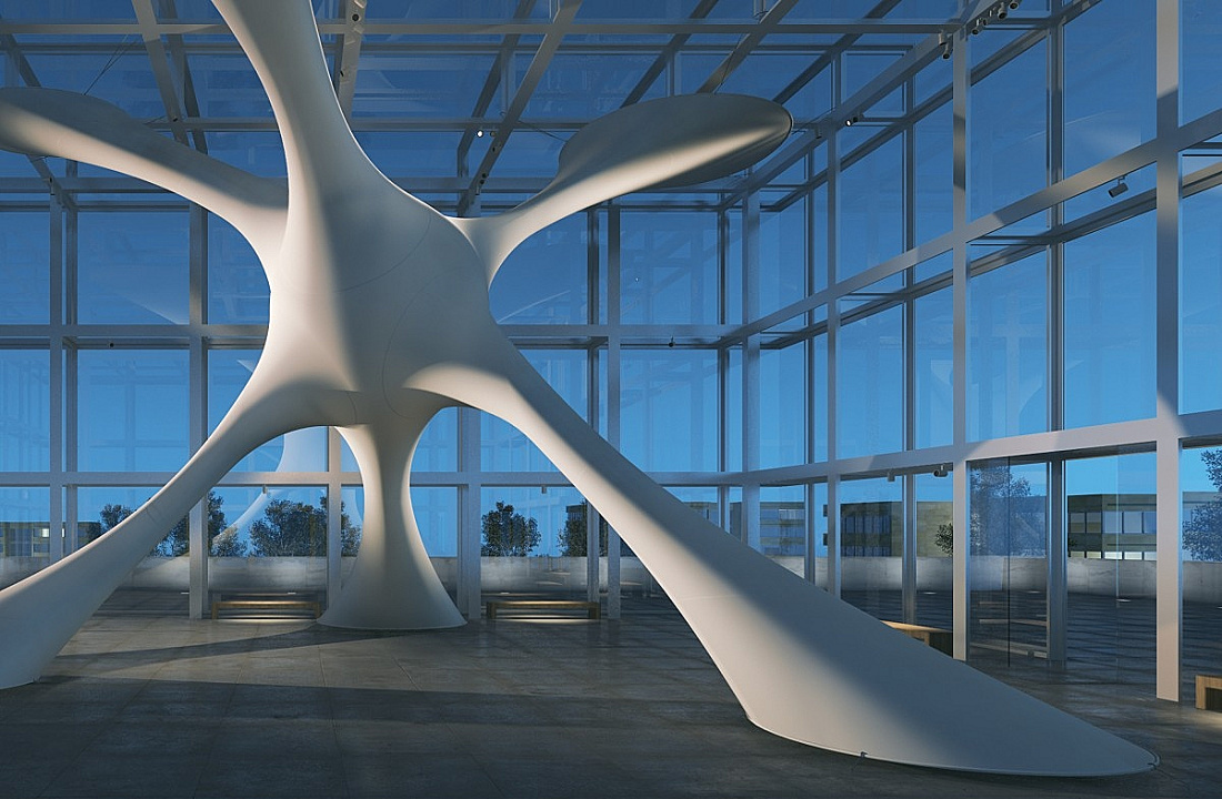 Organic sculpture in a glass-walled room, illuminated with ERCO lighting.