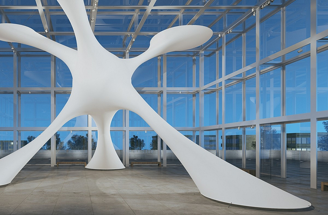 Sculptural installation in a modern space, illuminated with ERCO lighting.