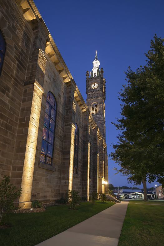 St. Joseph Church in Indiana, illuminated by ERCO Kona projectors, a city landmark.