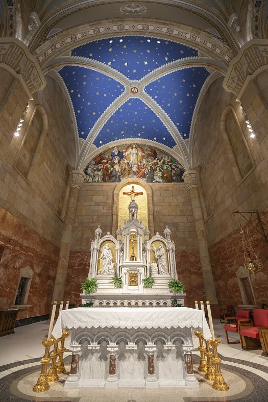 Interior of St. Joseph Church, Indiana, featuring energy-efficient 48V spotlights and outdoor projectors.