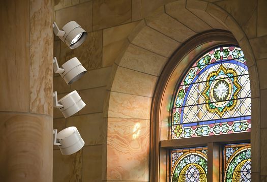 ERCO Parscan 48V spotlights illuminate a stained glass window in St. Joseph Church, Indiana.