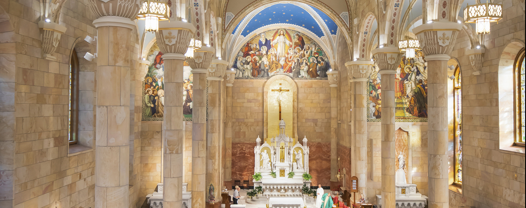 Interior of St. Joseph Church, Indiana, illuminated with energy-efficient ERCO 48V spotlights.