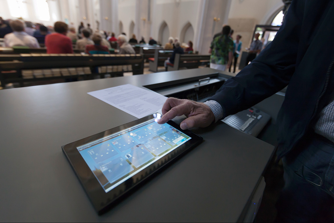 Tablet controlling ERCO LED lighting at St Mary and Bartholomew Church, Harsefeld.