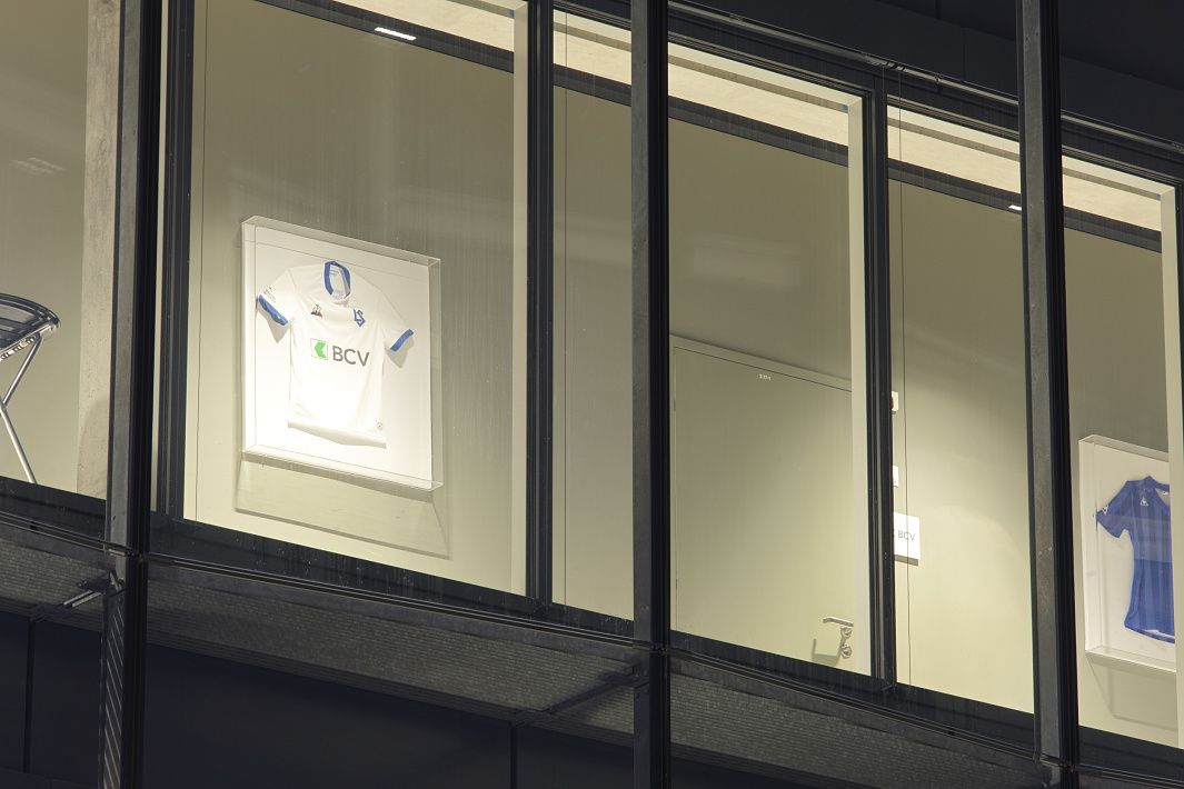 Illuminated FC Lausanne-Sport jersey displayed at Stade de la Tuilière, Lausanne.