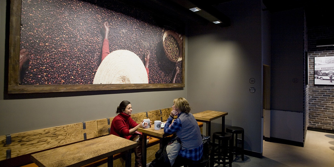 Starbucks at Altmarkt with LED lighting for visual comfort and wall design.