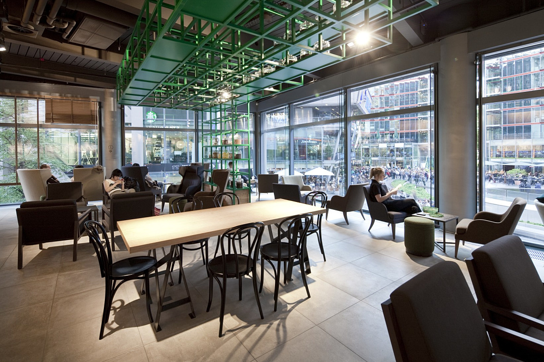 Starbucks Coffee House in Berlin featuring ERCO lighting for a welcoming atmosphere.