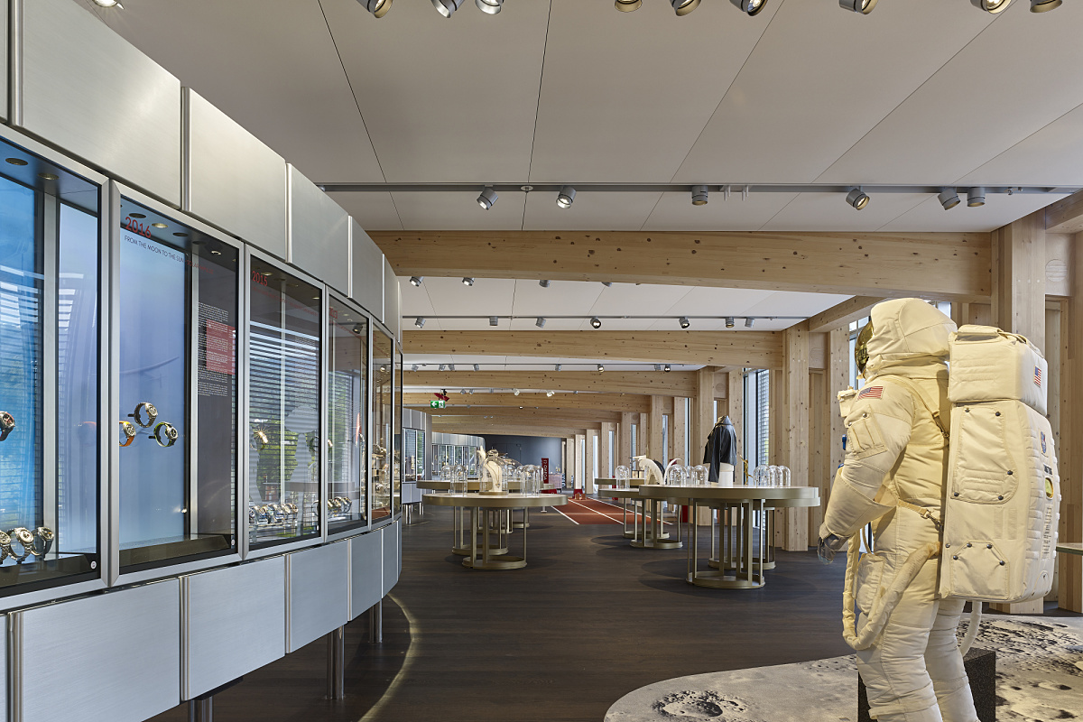 Swatch/Omega Museum interior featuring ERCO lighting and exhibits, Biel, Switzerland.
