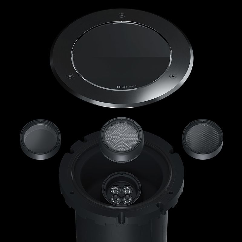 ERCO Tesis New recessed floor light with interchangeable lenses for facade lighting.