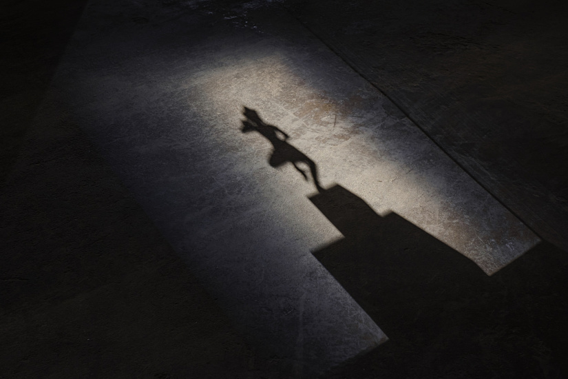 Shadow of a Khmer sculpture illuminated by ERCO lighting in the Feuerle Collection bunker.