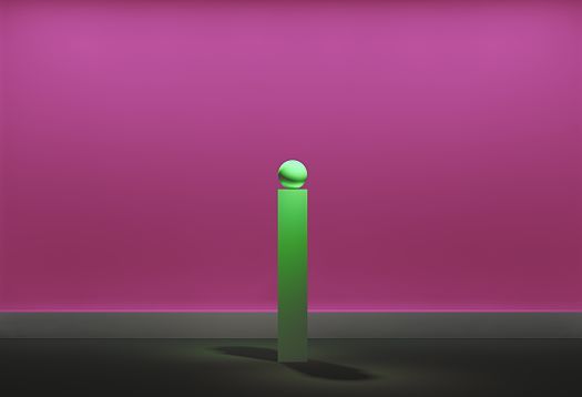Green sculpture against a pink backdrop, part of a lighting installation.