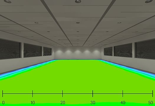Falschfarbenbild der Beleuchtungsstärke mit ERCO LEDs zur Visualisierung der Lichtverteilung.